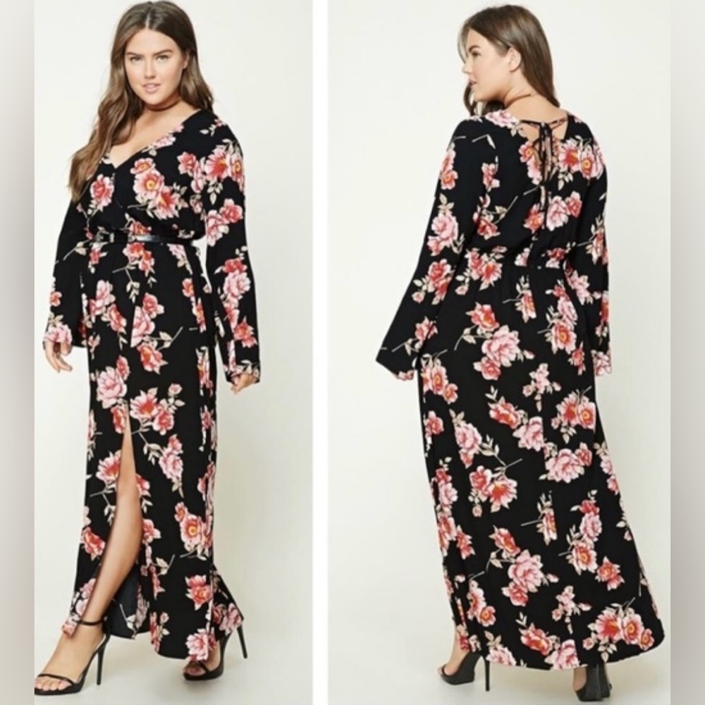 Floral floor length maxi dress with cross tie back, slit and button in front